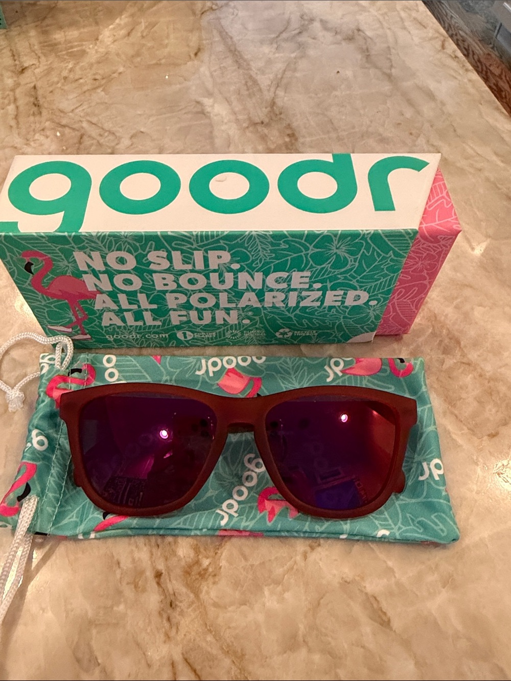 Goodr Polarized Sunglasses - Red Frame with Pink Mirror Lenses